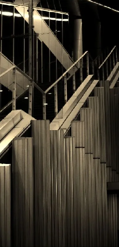 Monochrome modern architecture stairway design in sepia tones for mobile wallpaper.