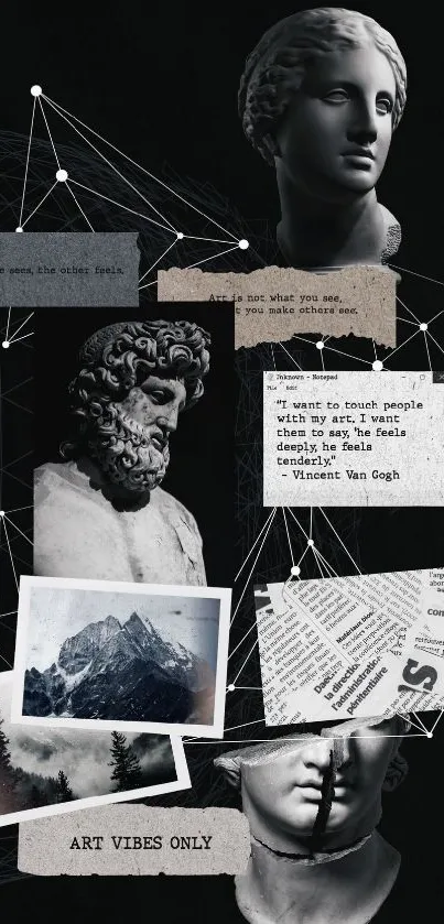 Modern art collage wallpaper with sculptures and quotes.