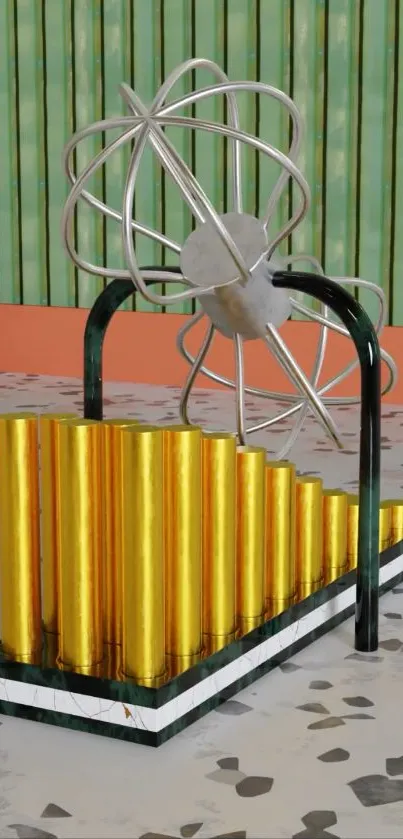Modern sculpture with geometric elements on wallpaper.