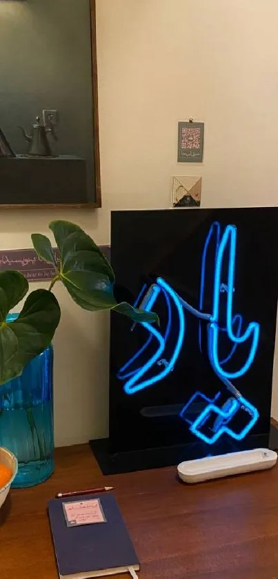 Neon blue artwork on elegant desk with wall art and vibrant decor.