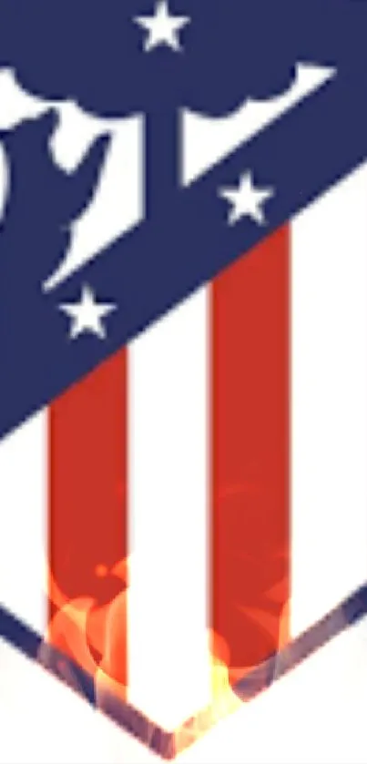 Athletic crest with red, blue, and white stripes on shield background.