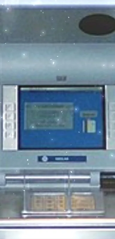 Modern ATM interface with blue screen and metallic design.