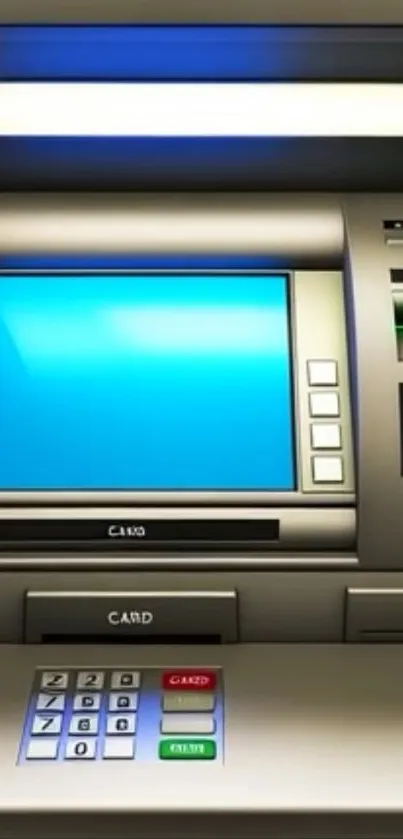 Modern ATM with blue screen wallpaper.