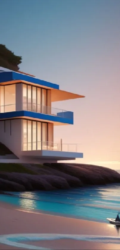 Modern beach house overlooking ocean at sunset with vibrant skies.