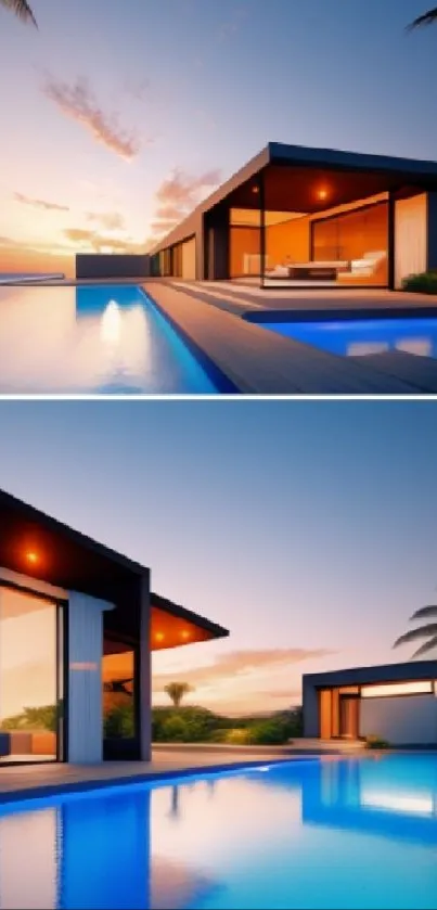 Modern beachfront villa with sunset and pool.