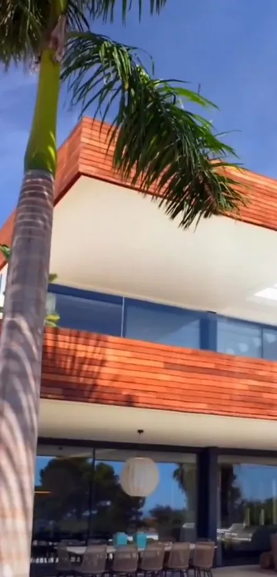 Beachside villa with palm trees and wooden accents in clear blue sky.