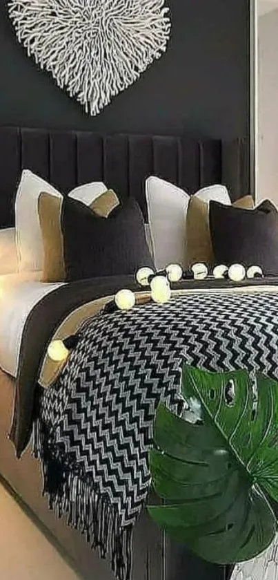 Modern chic bedroom wallpaper with monochrome tones and elegant decor elements.