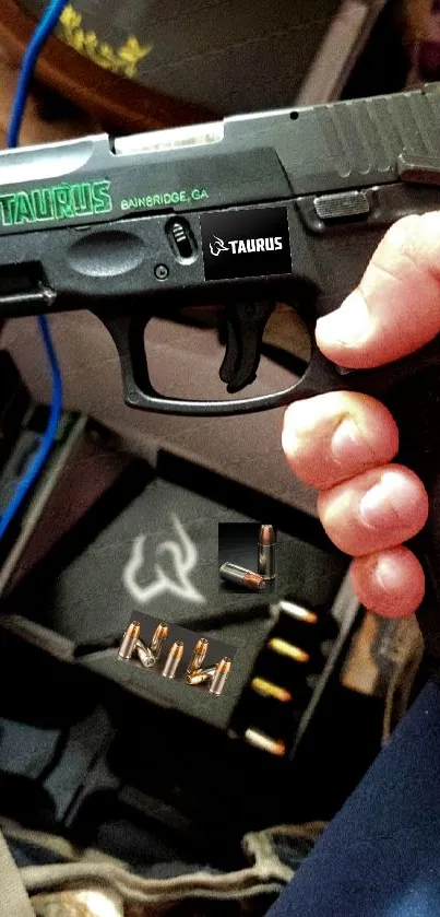 Close-up of a sleek black handgun and ammunition on display.