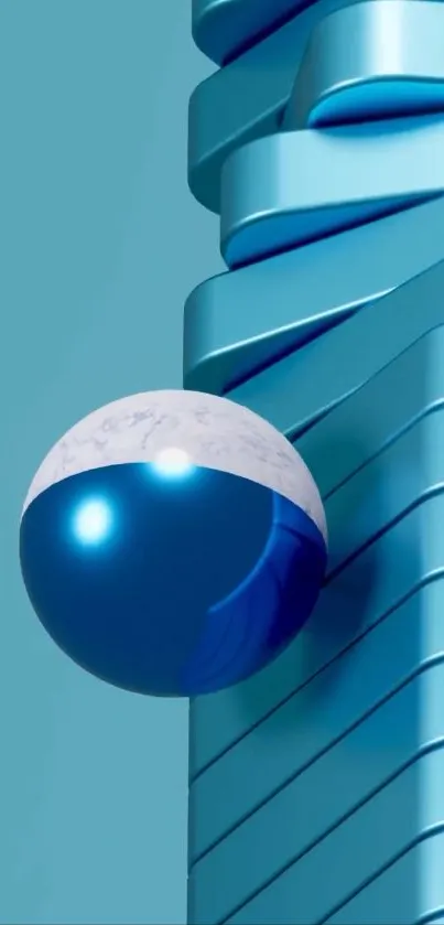 Modern blue abstract art featuring a spherical object and linear shapes.