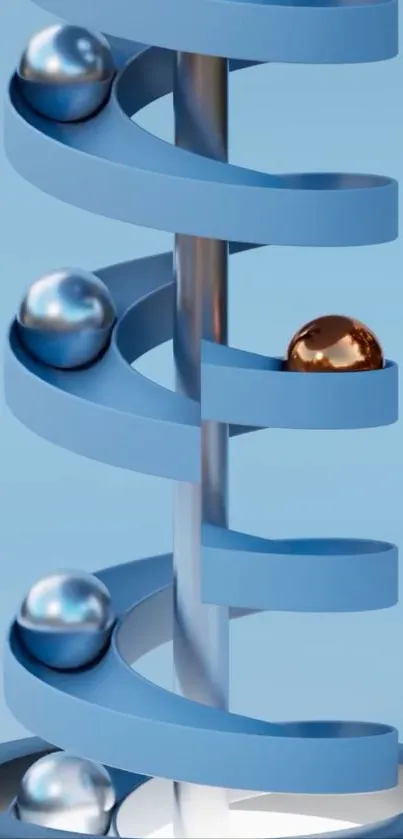 Blue spiral artwork with metallic spheres.