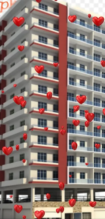 High-rise building with heart overlay on white background.