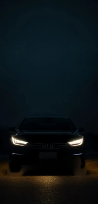 Sleek modern car at night with glowing headlights in dark setting.