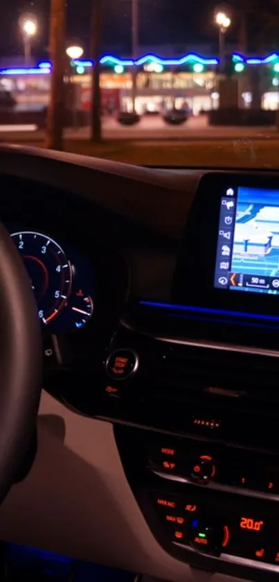 Car dashboard glowing at night, showcasing modern interior.