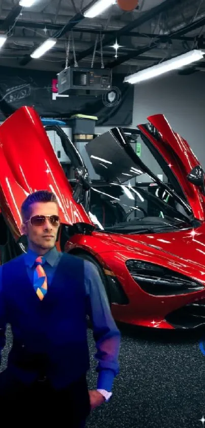 Red sports car in showroom with stylish man in blue outfit.