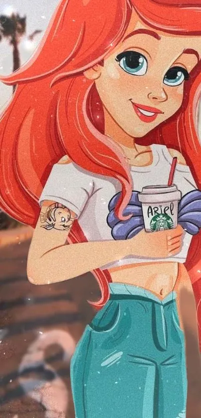 Stylish cartoon character with orange hair in a beach setting.