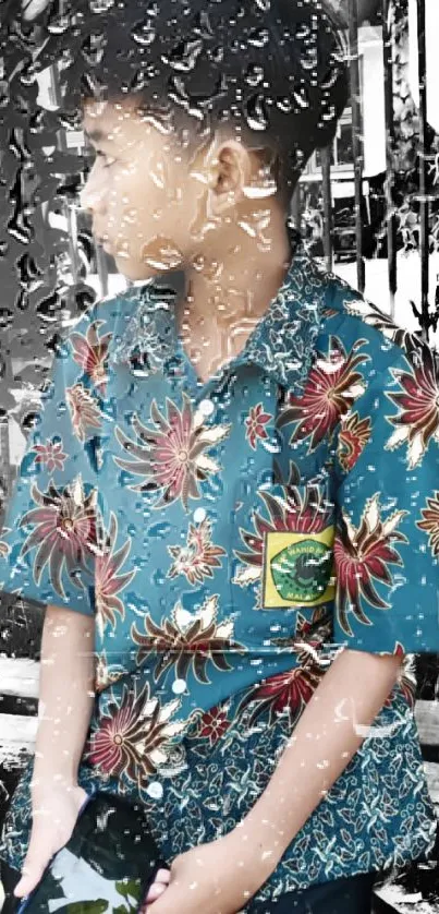 Young boy in a teal floral shirt holds a phone, standing in front of an urban background.