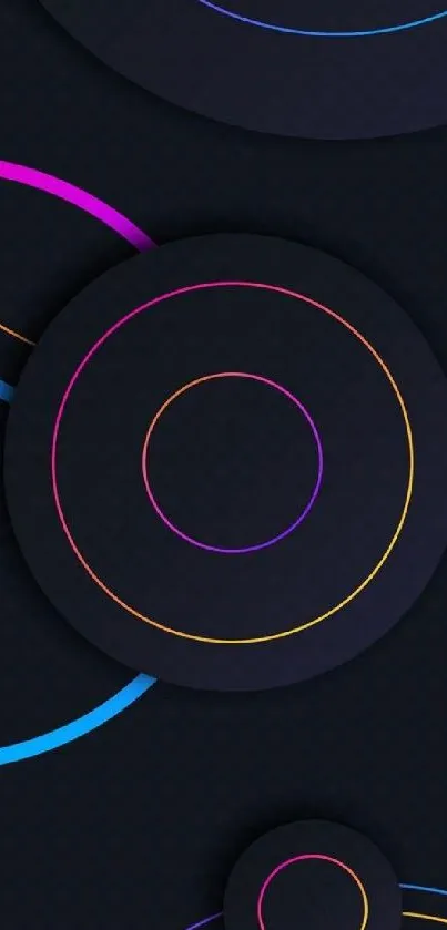 Modern wallpaper with colorful neon circles on a dark background.