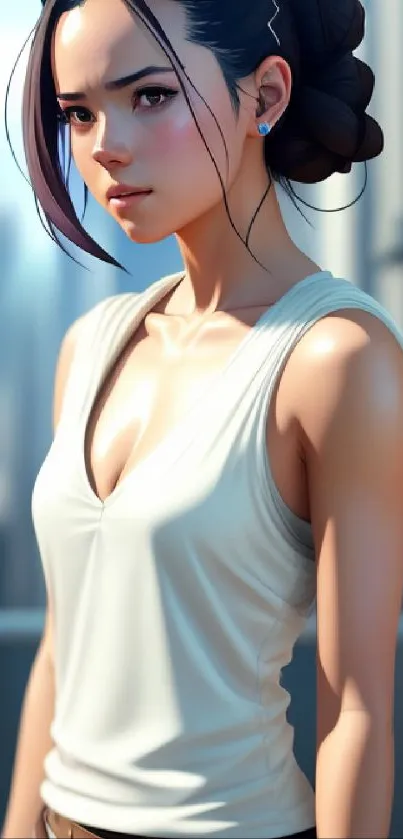 Digital character in a modern cityscape background on mobile wallpaper.