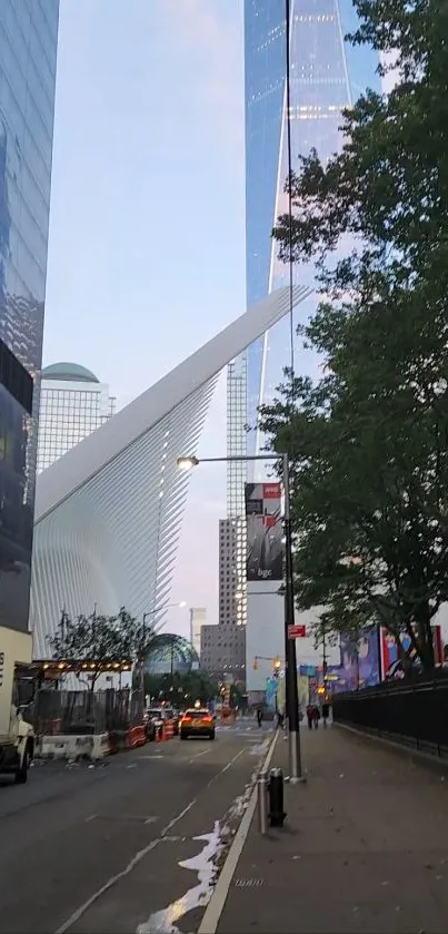 Modern cityscape with skyscrapers and vibrant urban street view.