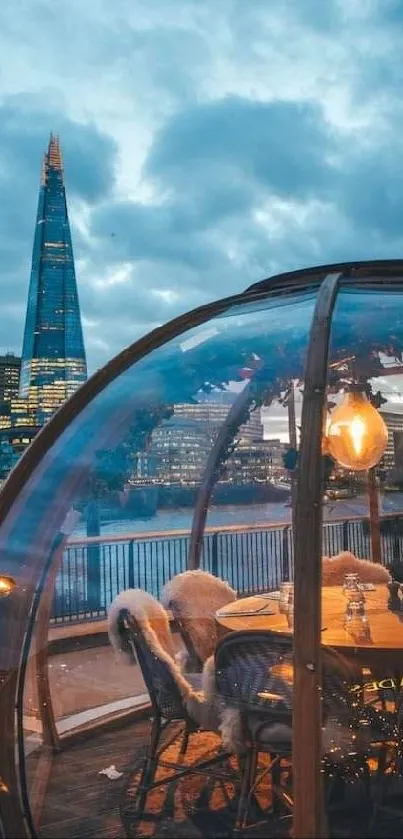 Urban night scene with a glowing glass dome and tall city buildings.