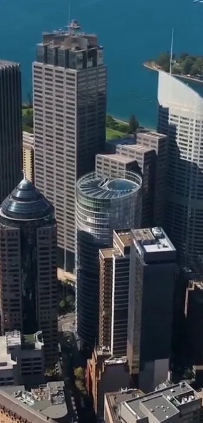 Aerial view of a cityscape with modern skyscrapers and blue skies.