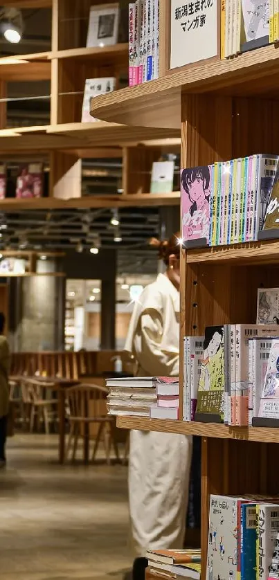 Cozy bookstore interior with wooden shelves and books.