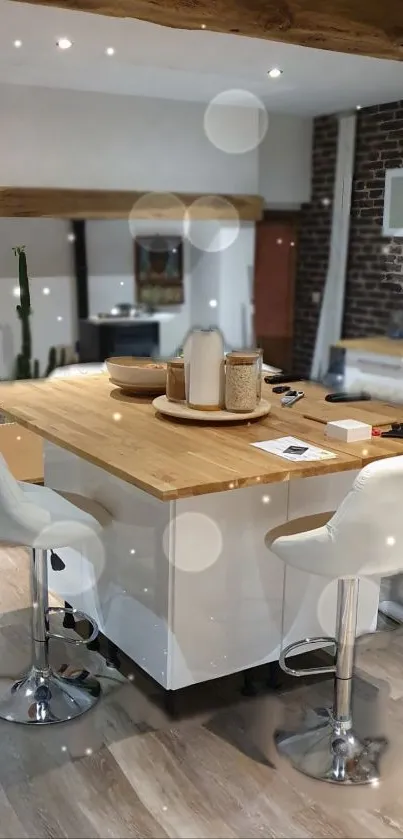 Cozy kitchen wallpaper with wooden island and bar stools.