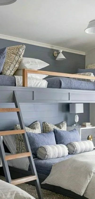 Modern cozy loft bed with light gray tones.