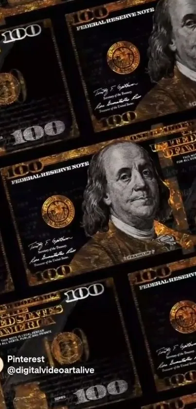 Digital art wallpaper with $100 bills in a repeated, modern design featuring Benjamin Franklin.