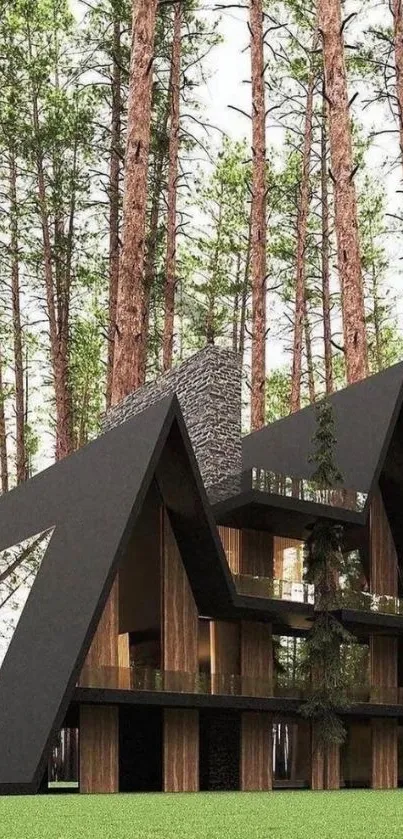 Modern forest house surrounded by tall pine trees on a sunny day.