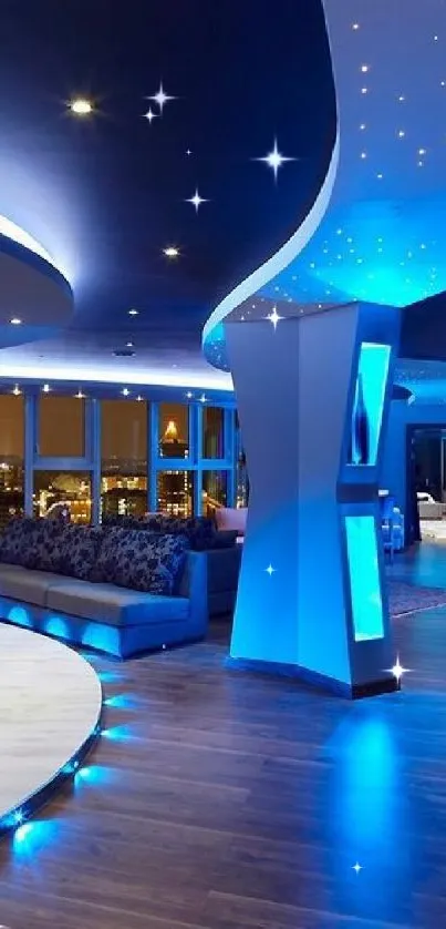 Futuristic modern room with blue LED lighting, city view.