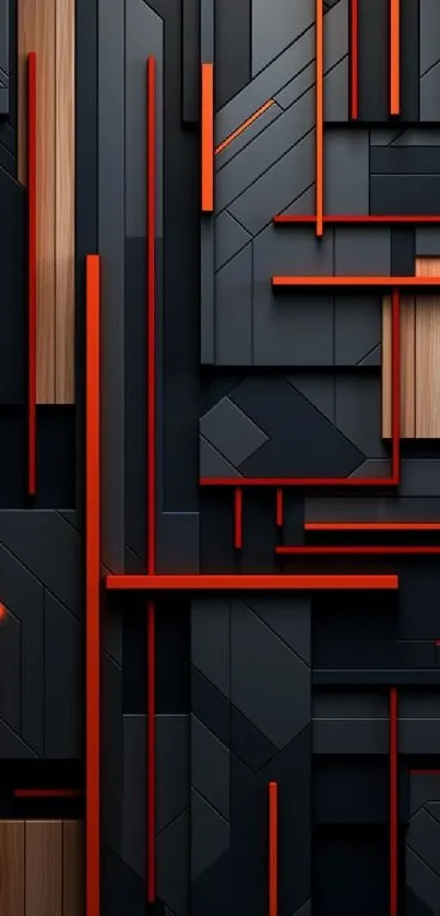 Geometric abstract wallpaper with red accents and wood texture on black background.