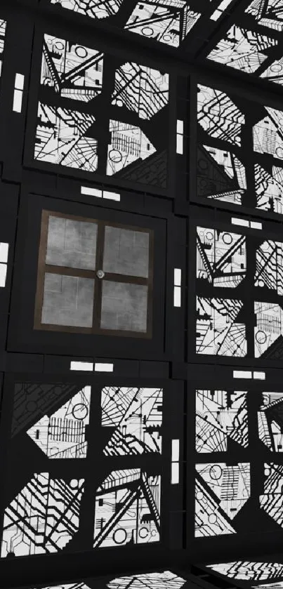 Geometric black wallpaper with intricate patterns and windows.