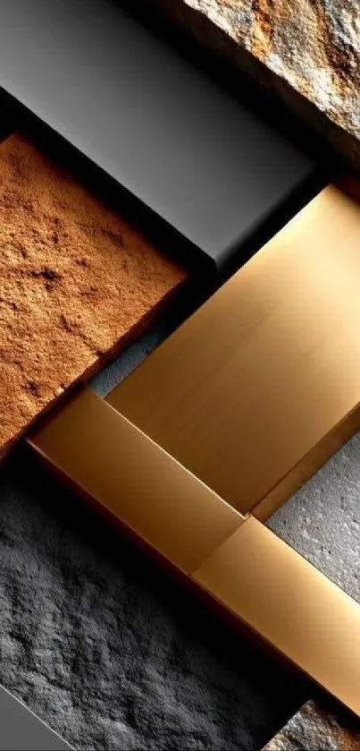 Modern geometric wallpaper with stone and metallic elements.