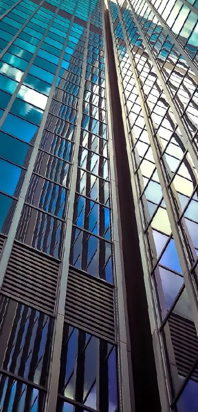 Modern skyscraper reflecting blue sky architecture urban scene.