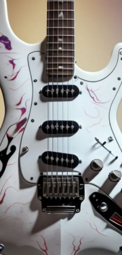 White electric guitar with artistic design on mobile wallpaper.