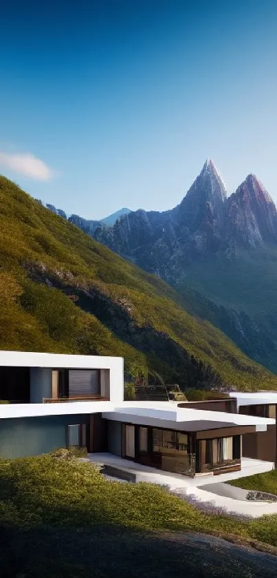 Modern house on green hillside with mountain view.