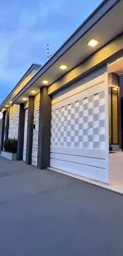 Modern home exterior with elegant evening lighting and contemporary design.