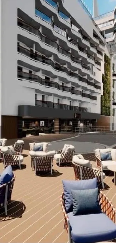 Modern hotel patio with stylish furniture and unique architecture.