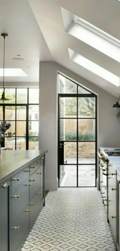 Sleek modern kitchen with skylights and open design.