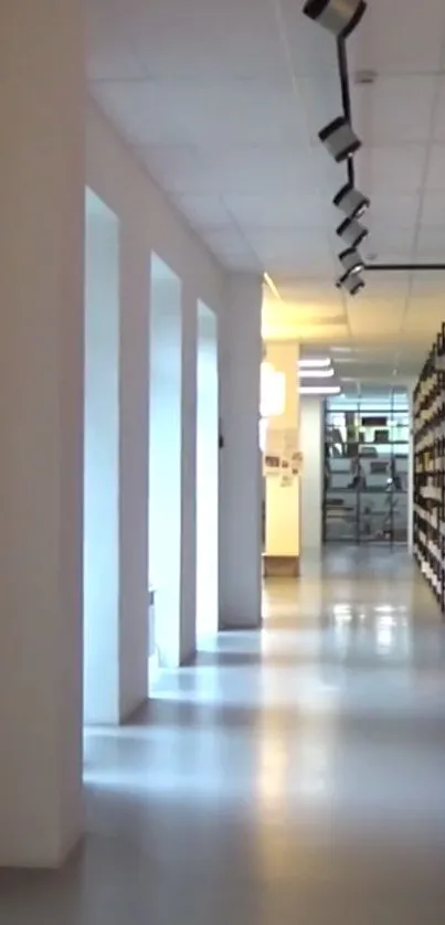 Modern library hallway with books and natural light.