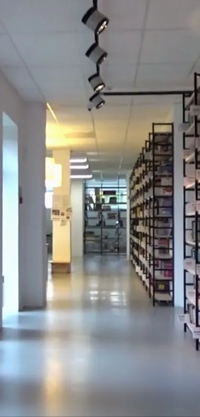 Modern library interior with bookshelves and sleek lighting.