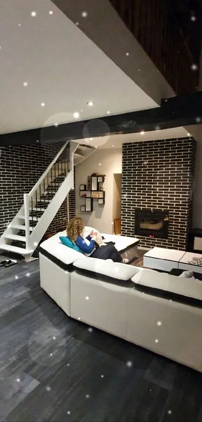 Modern living room with dark floors and cozy white sofa.