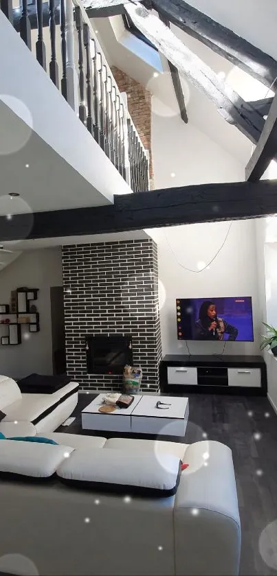 Modern loft living room with white furniture and exposed beams.