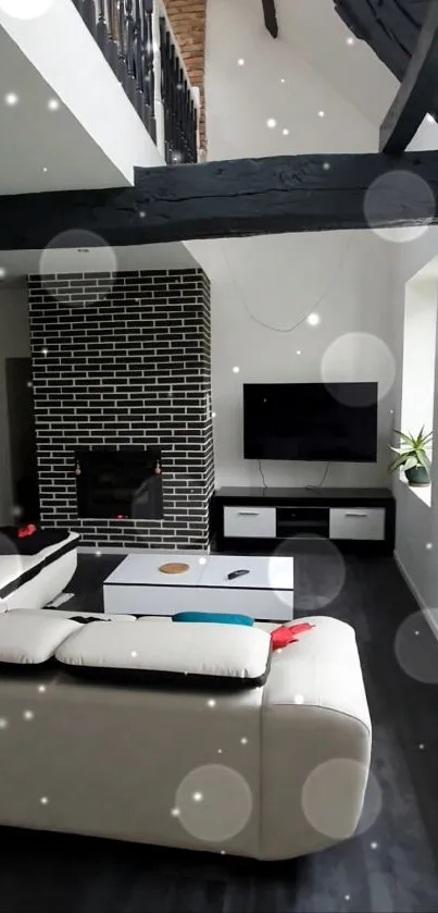 Modern loft living room with black beams and white sofa.