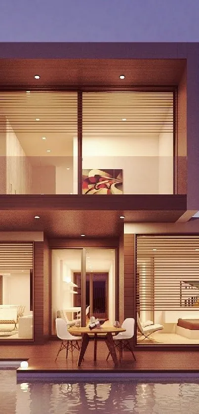 Luxurious modern house design with evening lighting and serene pool reflection.