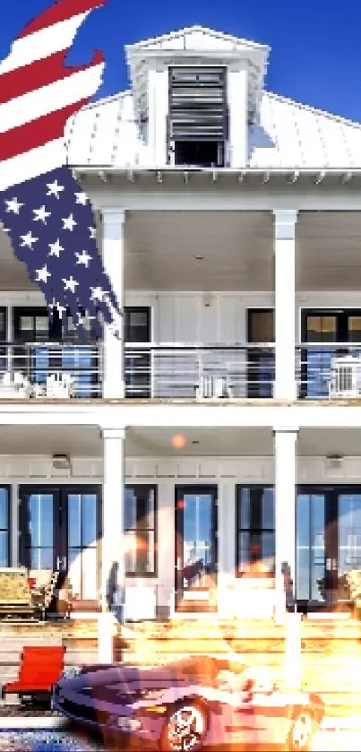 Luxury beach house with blue sky and American flag design.