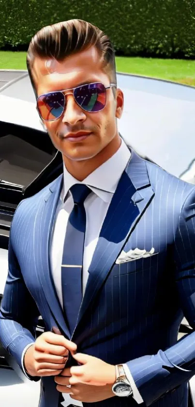 Man in navy pinstripe suit with sunglasses, posing confidently.