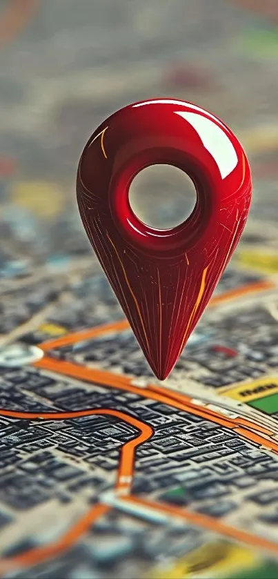 Red map pin hovering over a detailed city map.
