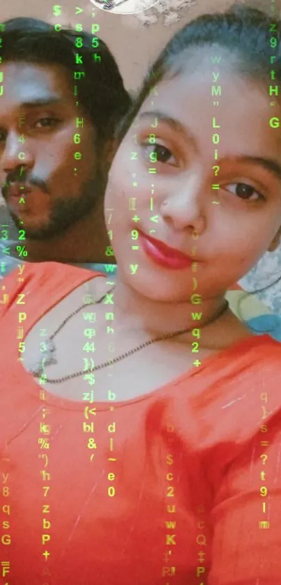 Modern couple with Matrix-themed overlay on a mobile wallpaper.